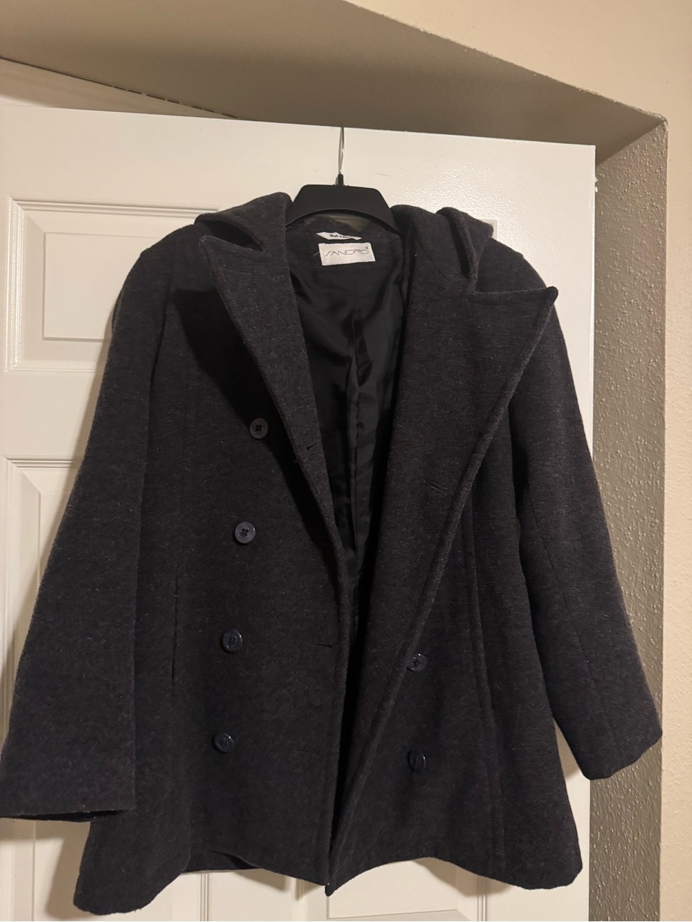 Sandro Paris Russia Men Hooded Wool Pea Coat Double Breasted Charcoal Black M/L